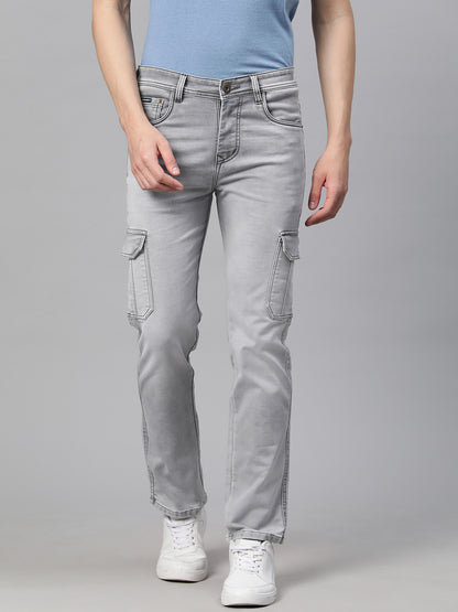 Men Grey Relaxed Fit Stretchable Cargo Jeans