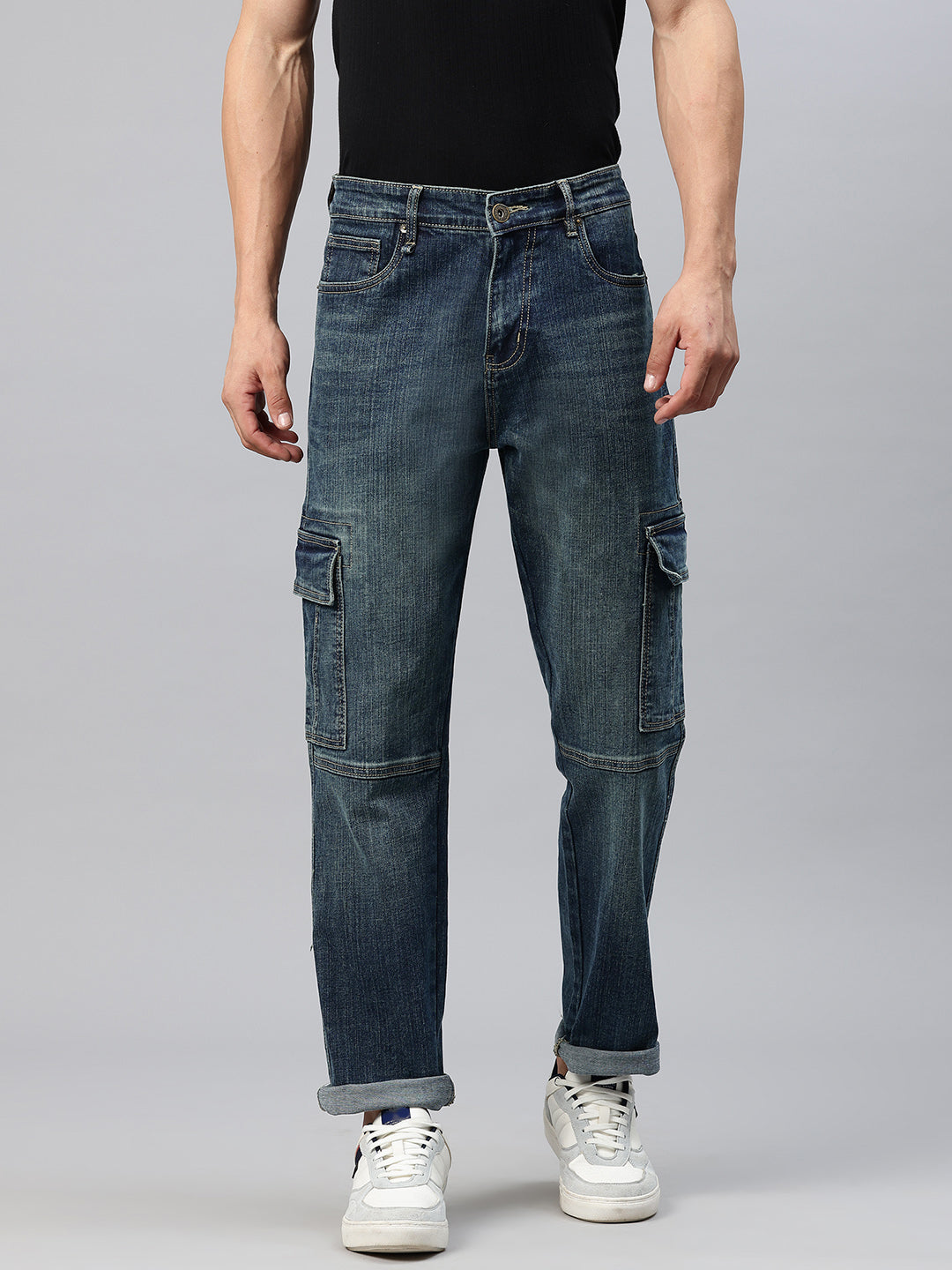 Men Blue Relaxed Fit Stretchable Cargo Jeans