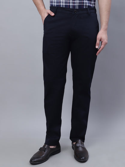 Men Navy Blue Slim Fit Self Design Trousers