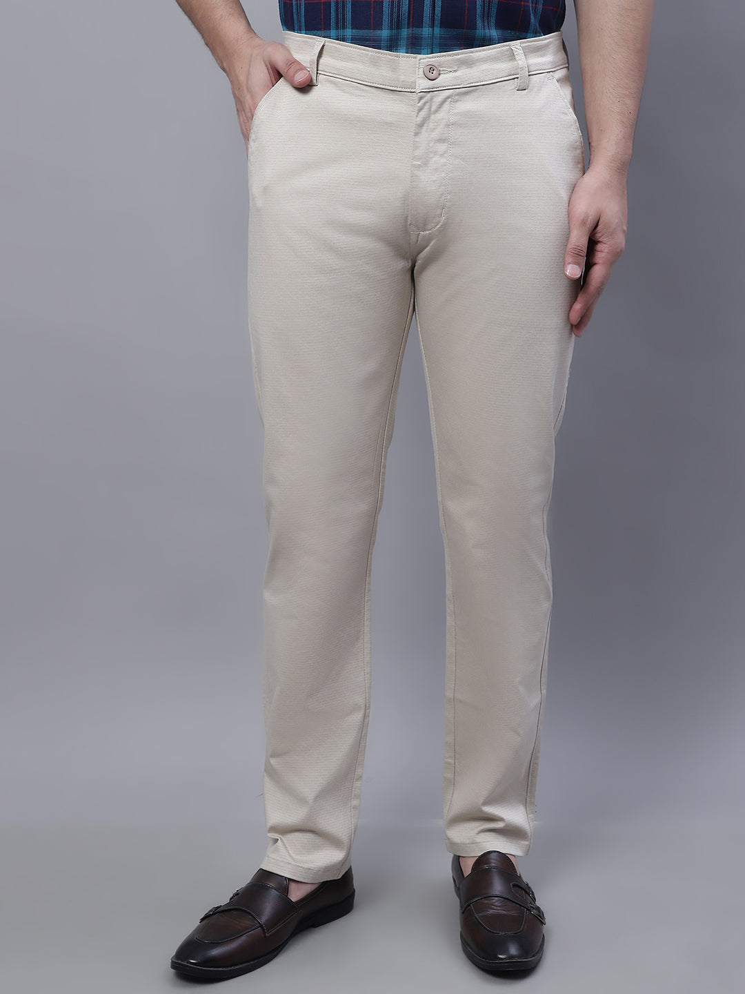 Men Beige Slim Fit Self Design Trousers