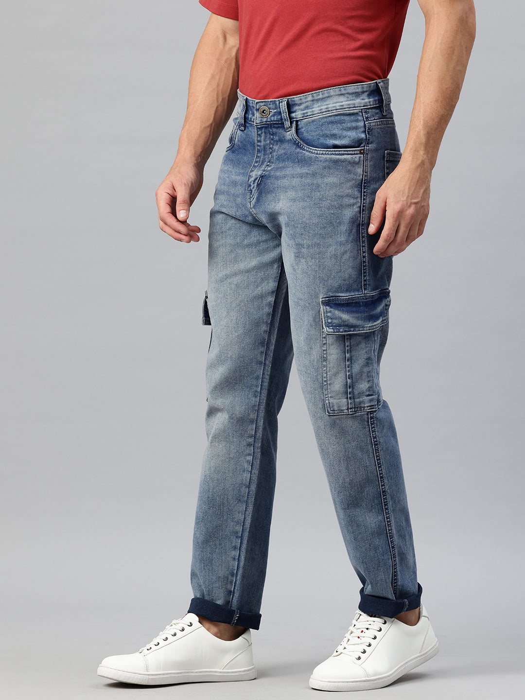 Men Blue Relaxed Fit Stretchable Cargo Jeans