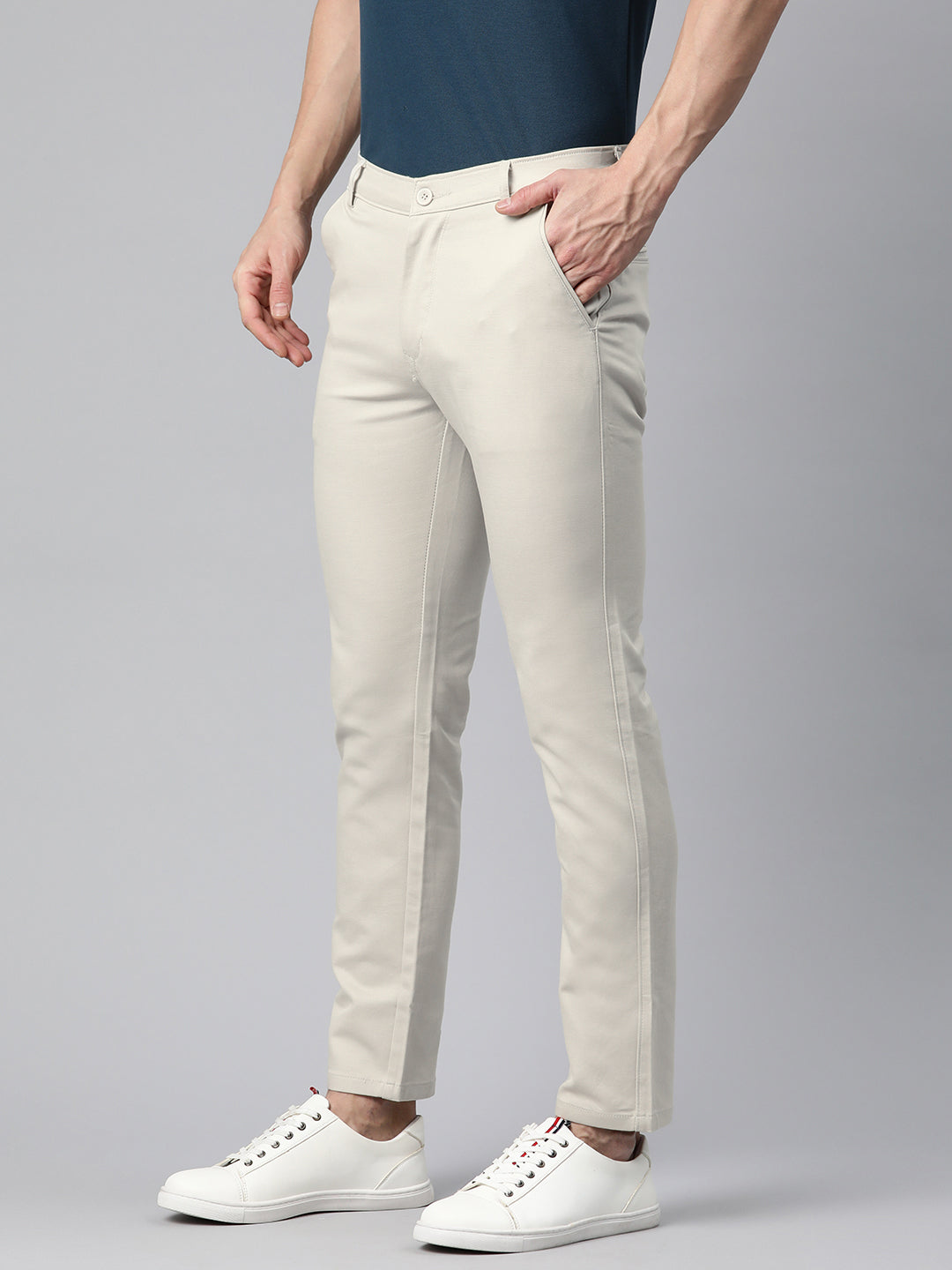 Men Cream Slim Fit Trousers