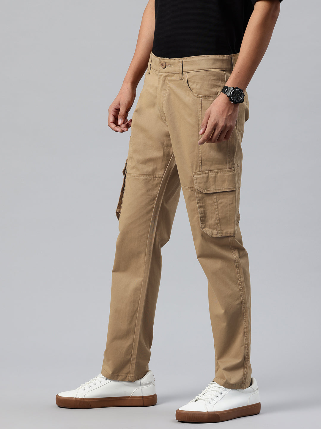 Men Khaki Relaxed Fit Stretchable Cargo Trousers