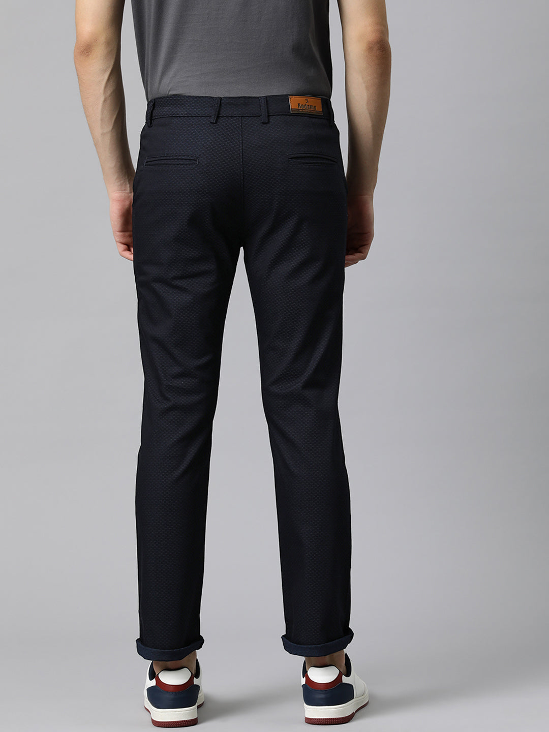 Men Navy Blue Self Design Stretchable Trousers