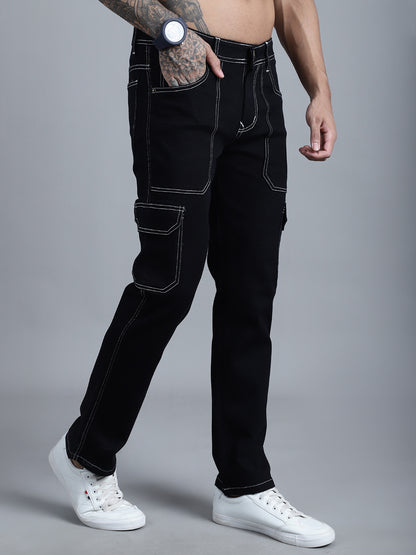 Men Black Mid Rise Regular Fit Cargo Stretchable Cotton Jeans