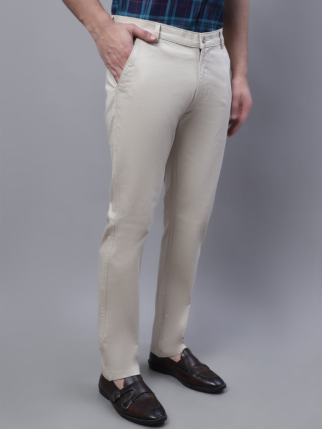 Men Beige Slim Fit Self Design Trousers