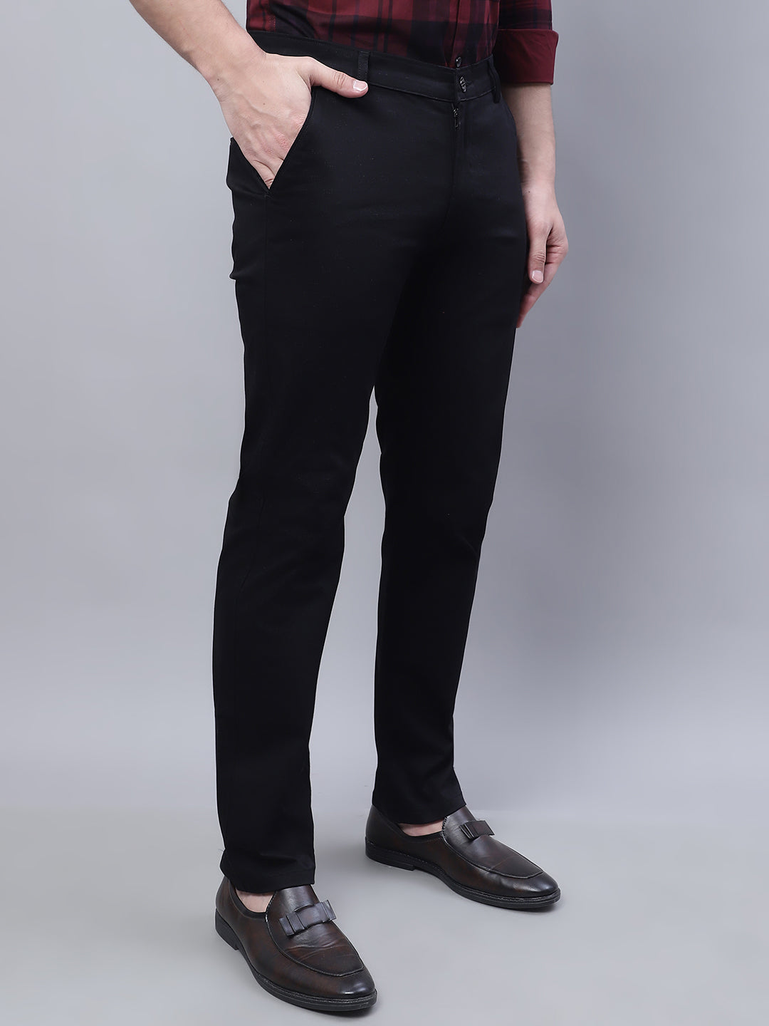 Men Black Slim Fit Self Design Trousers