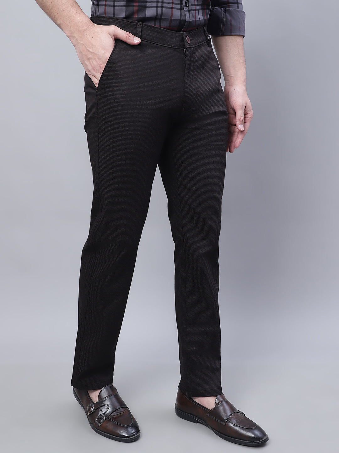 Men Brown Slim Fit Self Design Trousers