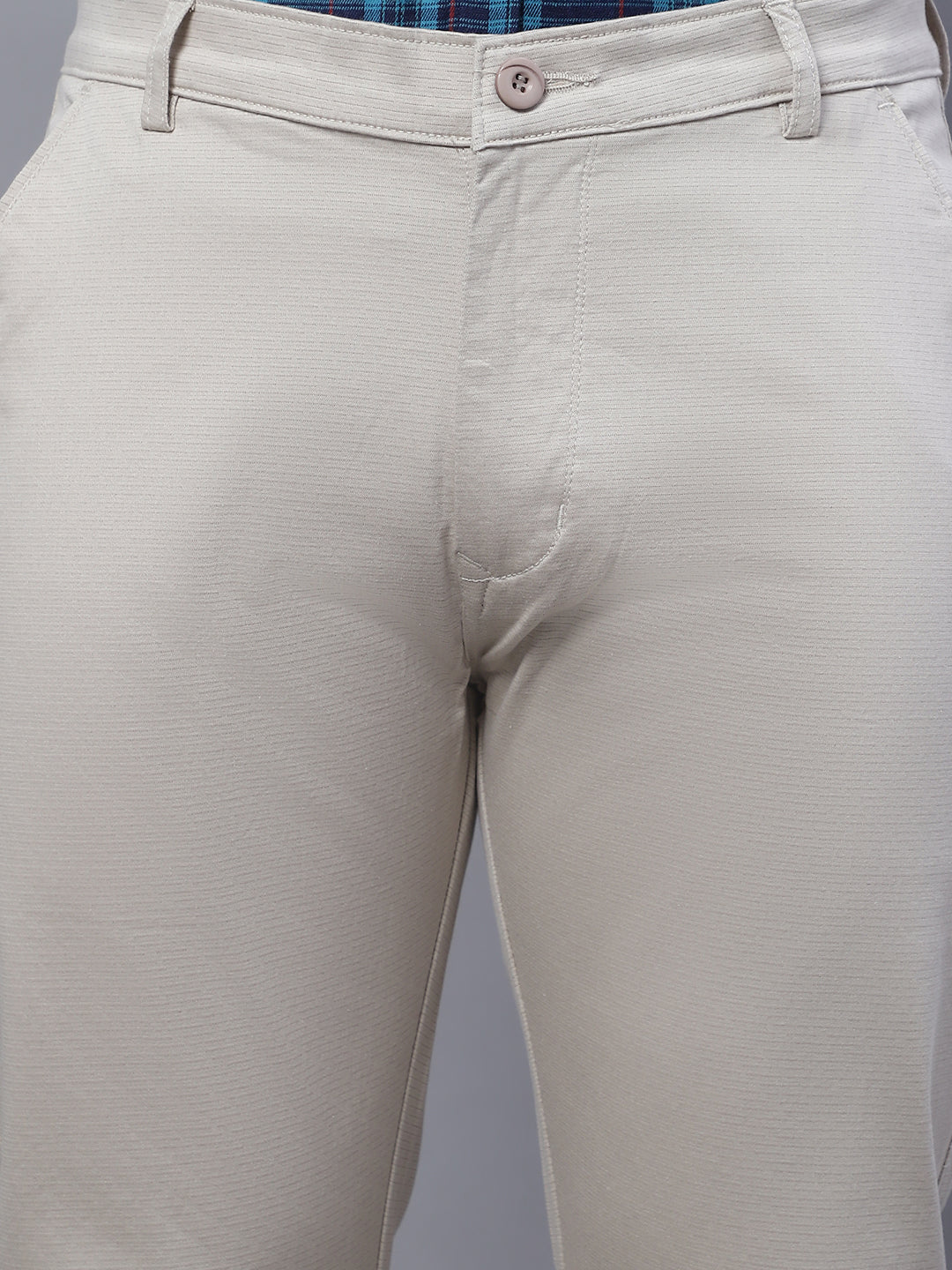 Men Beige Slim Fit Self Design Trousers