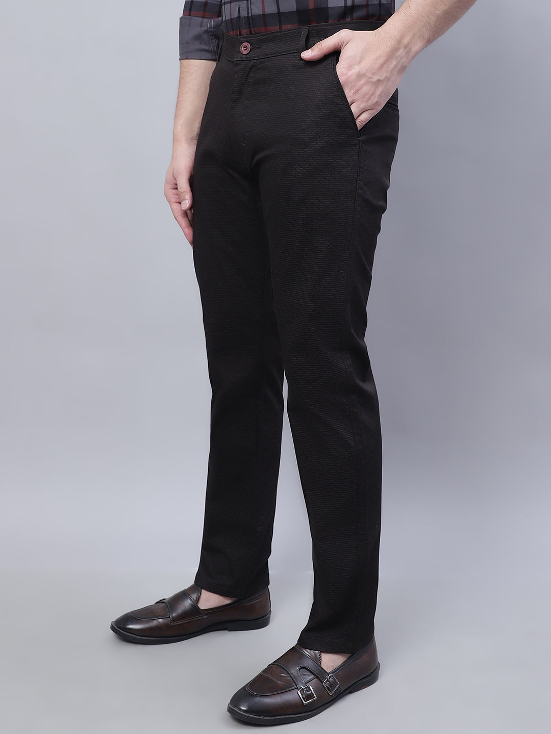 Men Brown Slim Fit Self Design Trousers