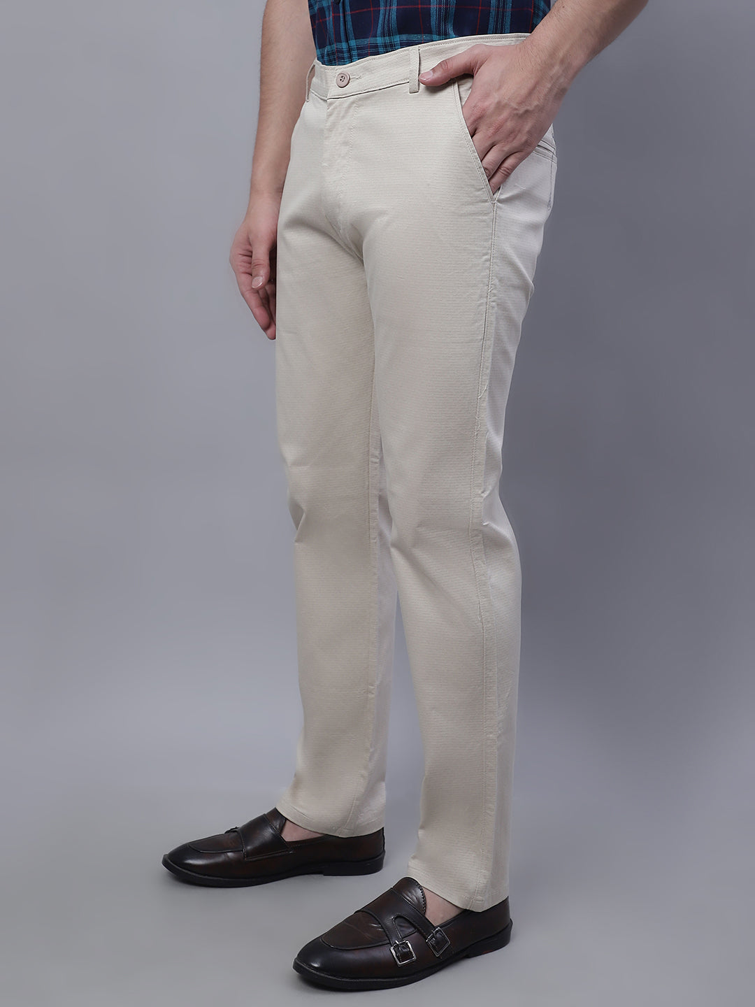 Men Beige Slim Fit Self Design Trousers