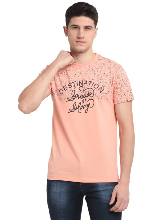Men Peach-Coloured Typography Printed Slim Fit T-shirt