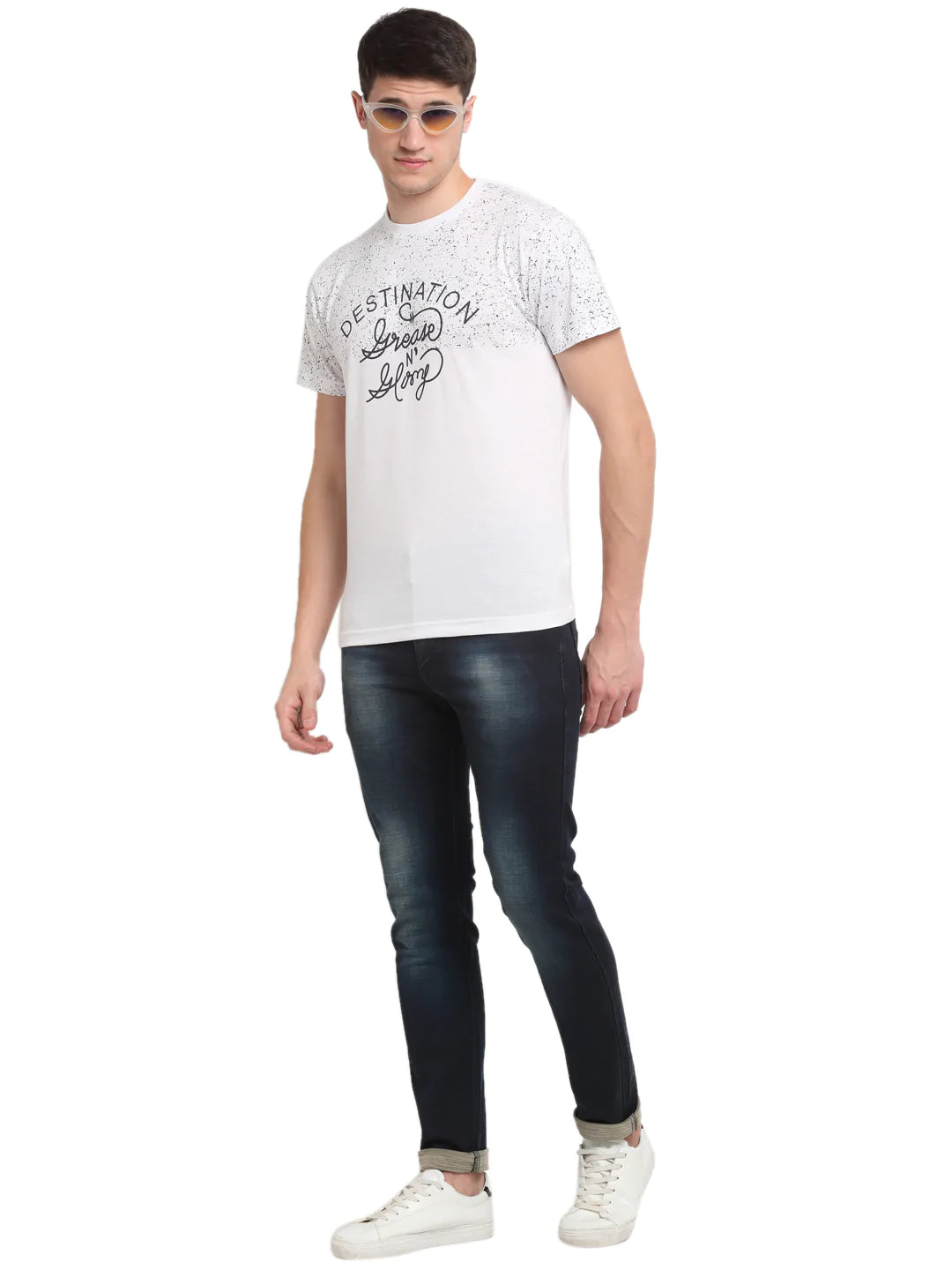 Men White  Black Printed Round Neck T-shirt