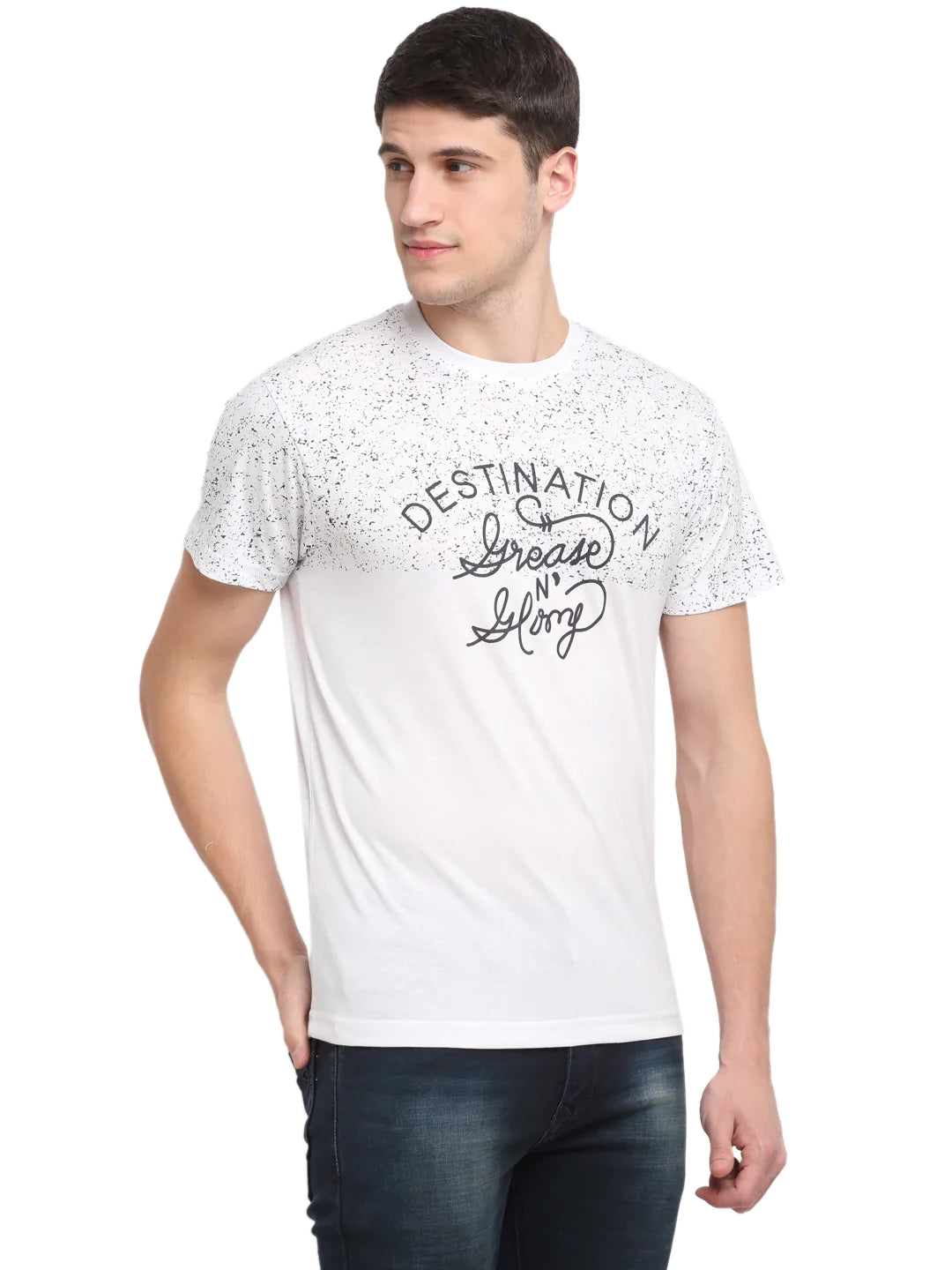 Men White  Black Printed Round Neck T-shirt