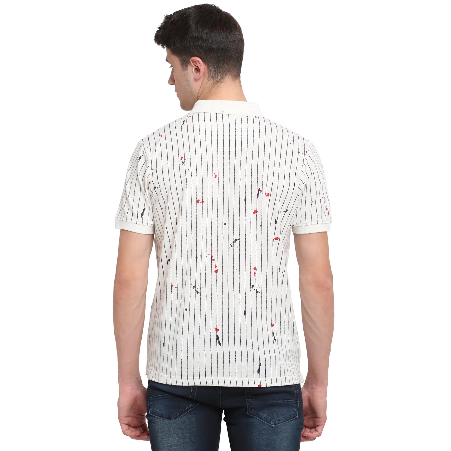 Men Off-White  Black Striped Polo Collar T-shirt