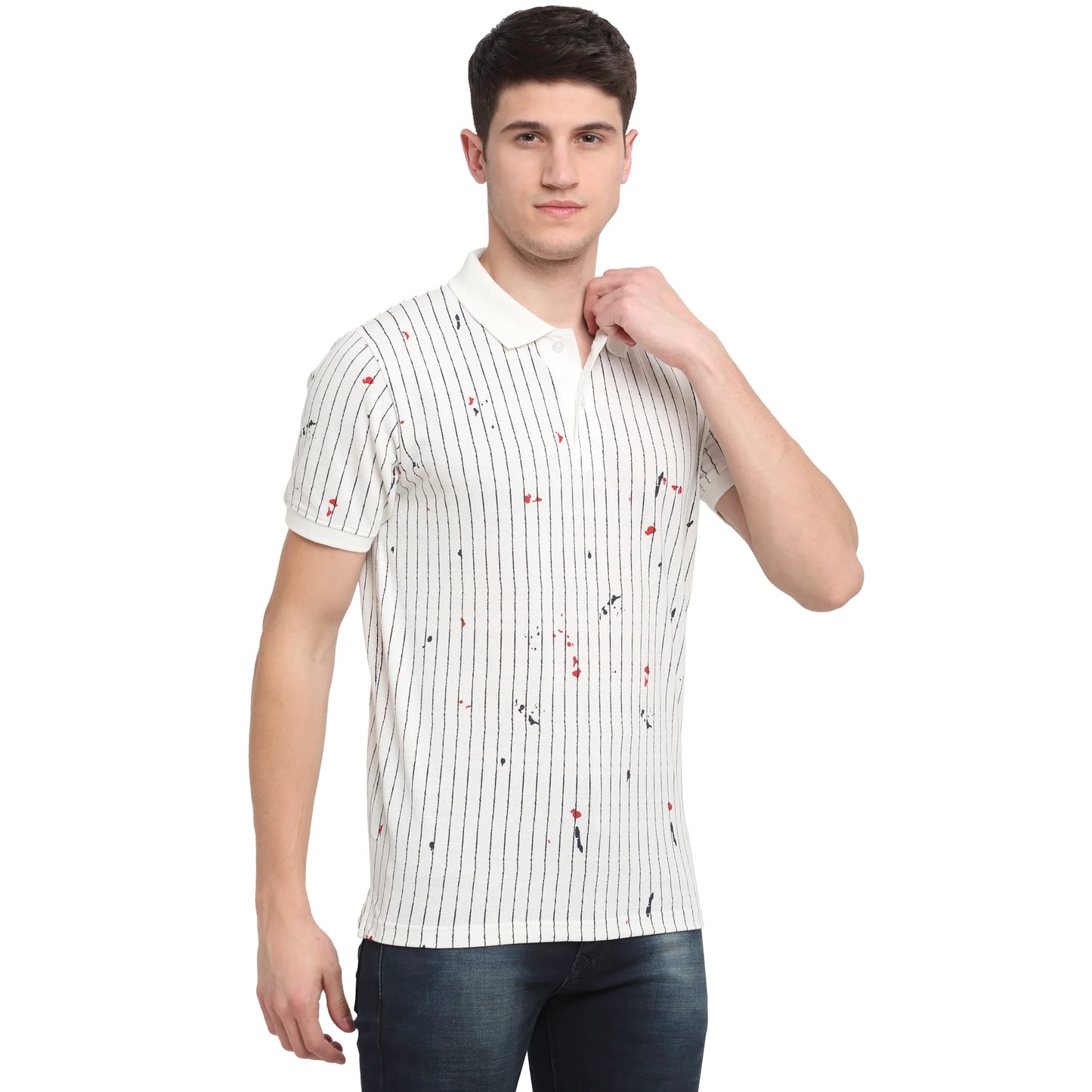 Men Off-White  Black Striped Polo Collar T-shirt