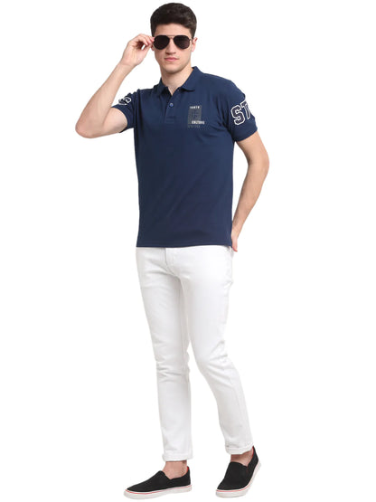 Men Navy Blue Solid Polo Collar T-shirt