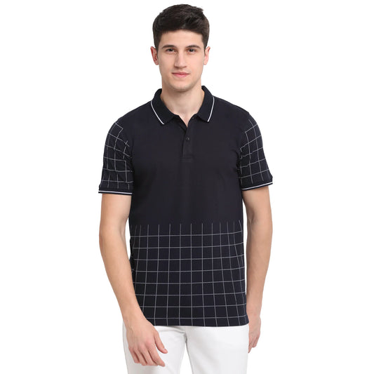 Men Navy Blue  White Checked Polo Collar T-shirt