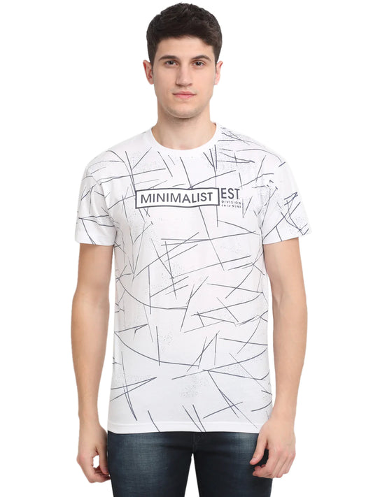Men White  Black Printed Round Neck T-shirt