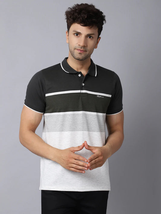 Men Black Striped Polo Collar Slim Fit T-shirt