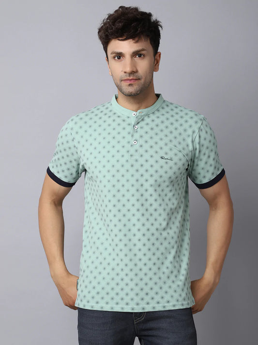 Men Green Printed Henley Collar Slim Fit T-shirt