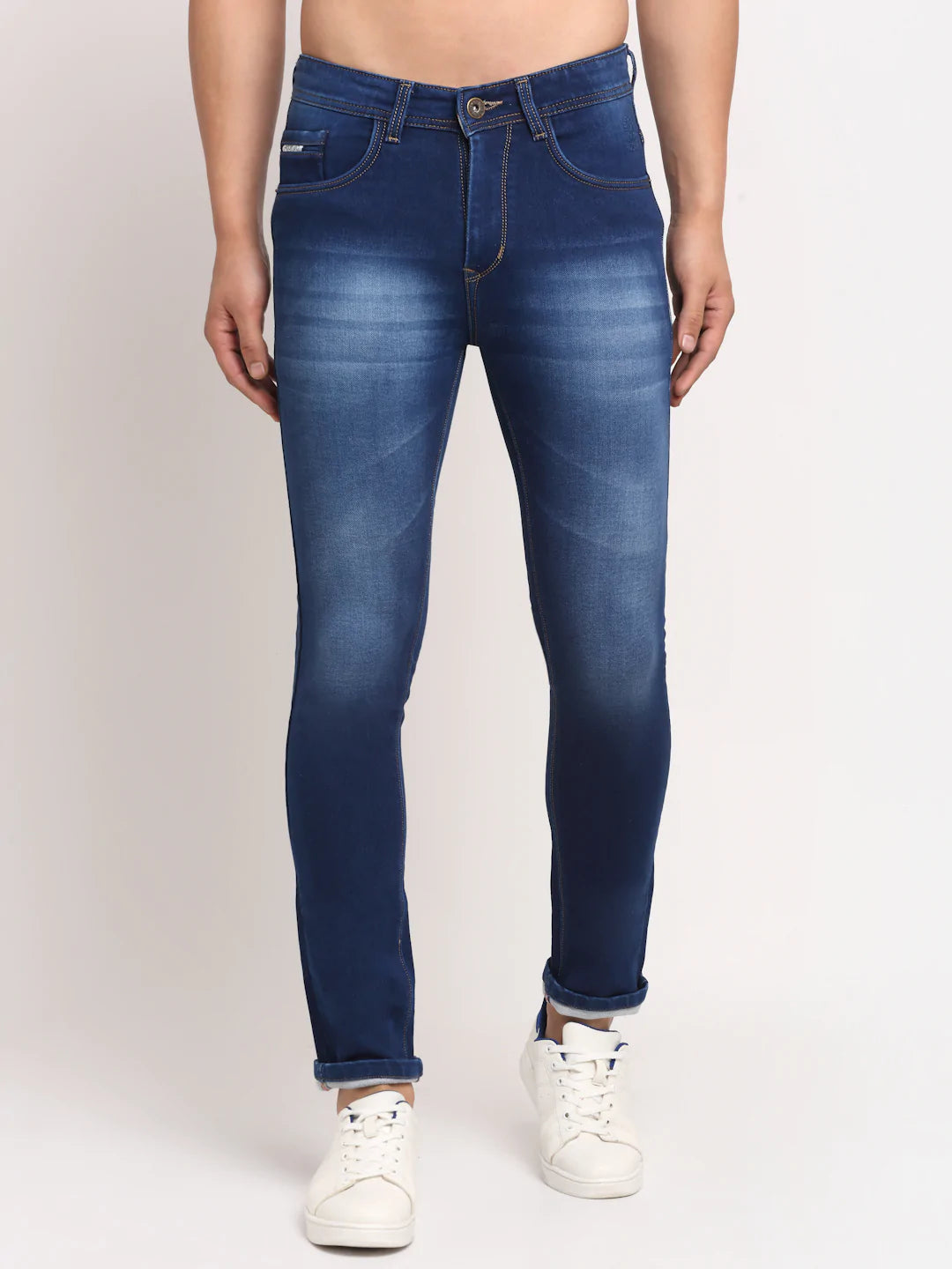 Men Blue Slim Fit Heavy Fade Stretchable Cropped Jeans