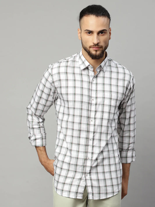 Men White  Black Tartan Checked Slim Fit Casual Shirt