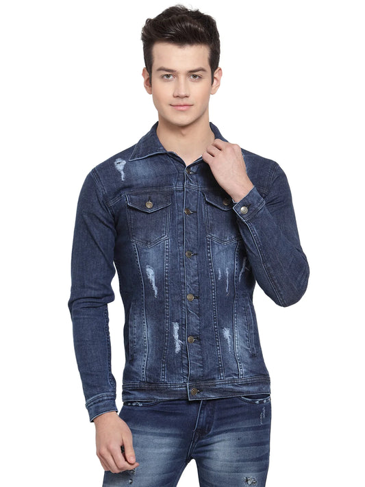 Men Navy Blue Solid Denim Jacket