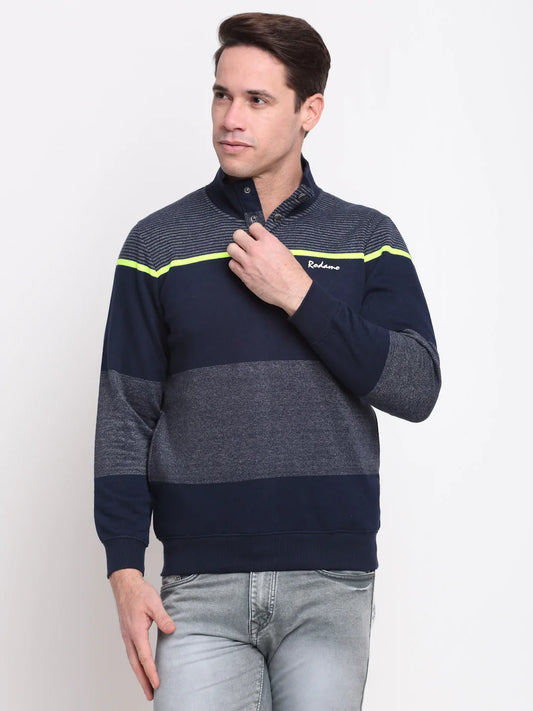 Men Navy Blue  Grey Striped Sweatshirt