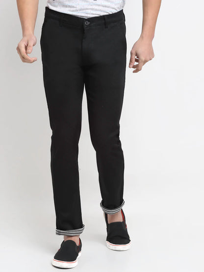 Men Black Self Design Slim Fit Trousers