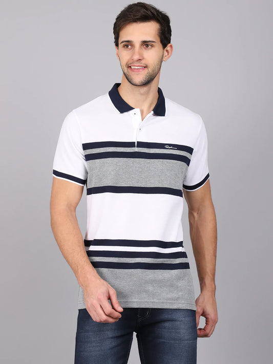 Men White  Blue Striped Polo Collar Slim Fit T-shirt