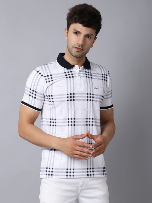 Men White Checked Polo Collar Slim Fit T-shirt