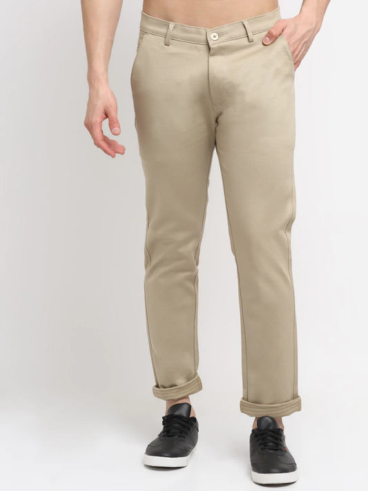 Men Khaki Slim Fit Regular Trousers