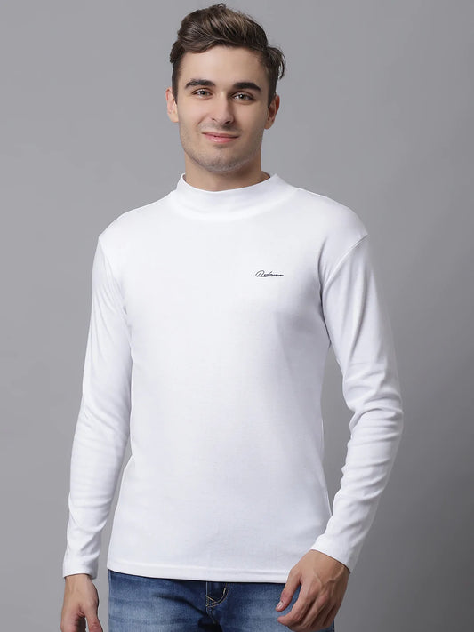 Men White High Neck Slim Fit Cotton T-shirt