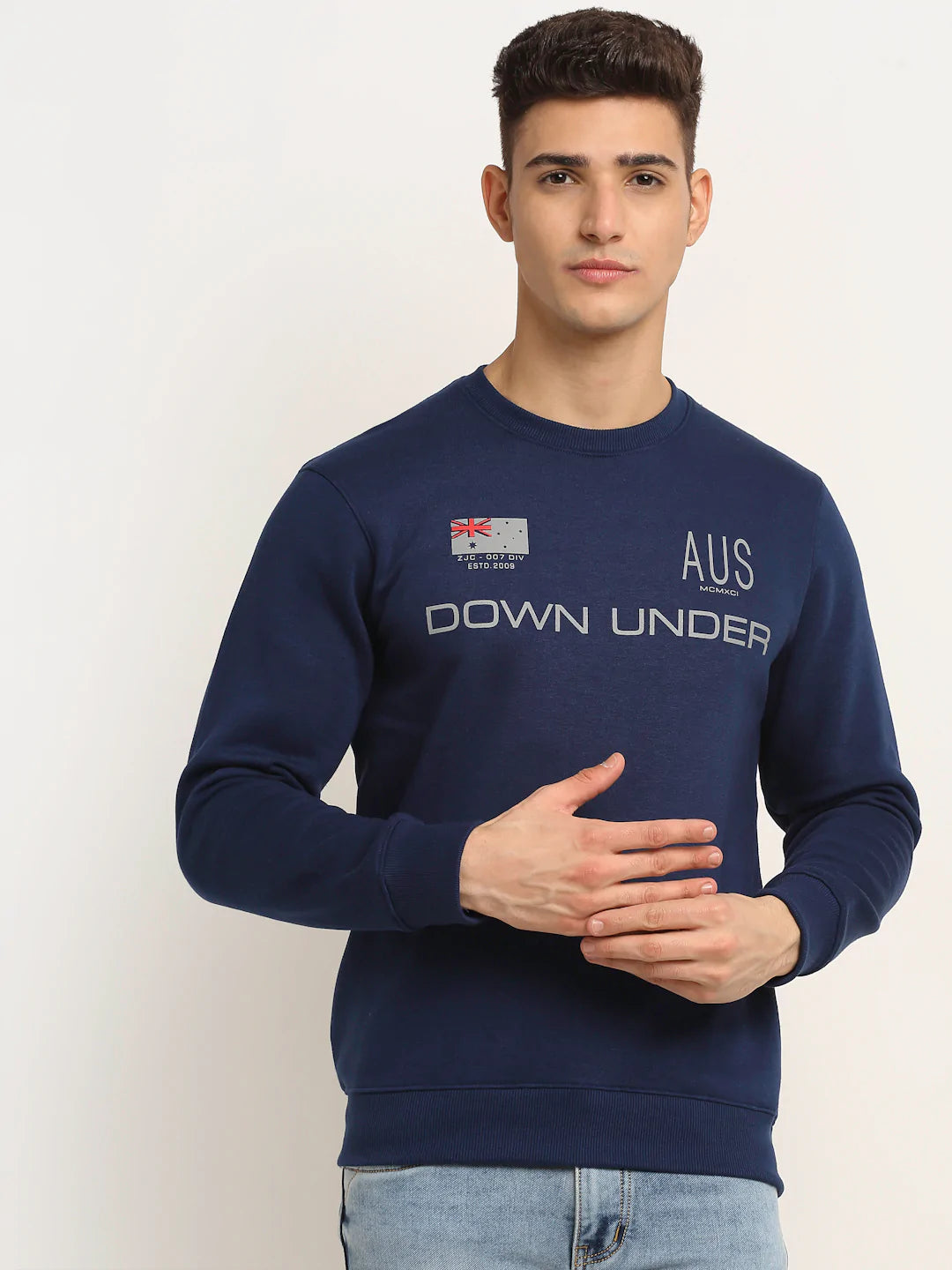 Men Blue Fleece Printed Sweatshirt