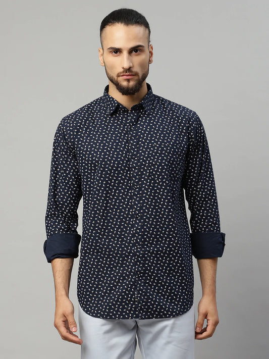 Men Navy Blue Slim Fit Printed Casual Shirt