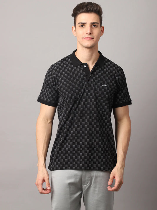 Men Black Printed Polo Collar Slim Fit Cotton T-shirt