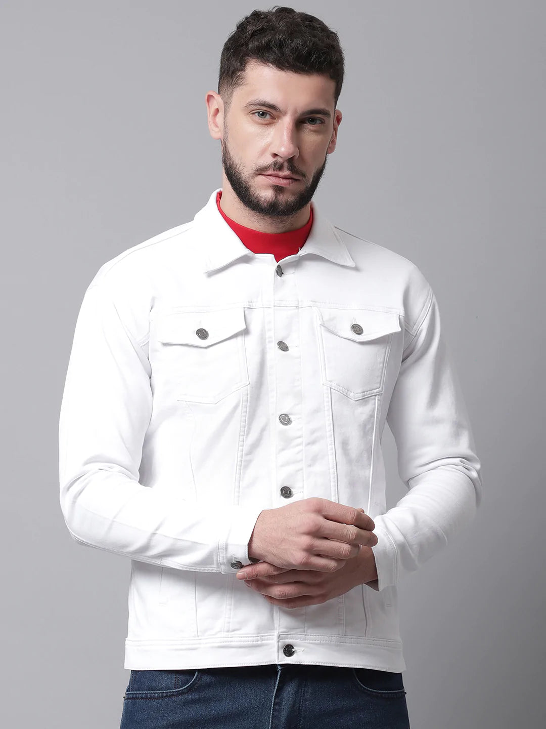 Men White Crop Denim Cotton Jacket with Patchwork