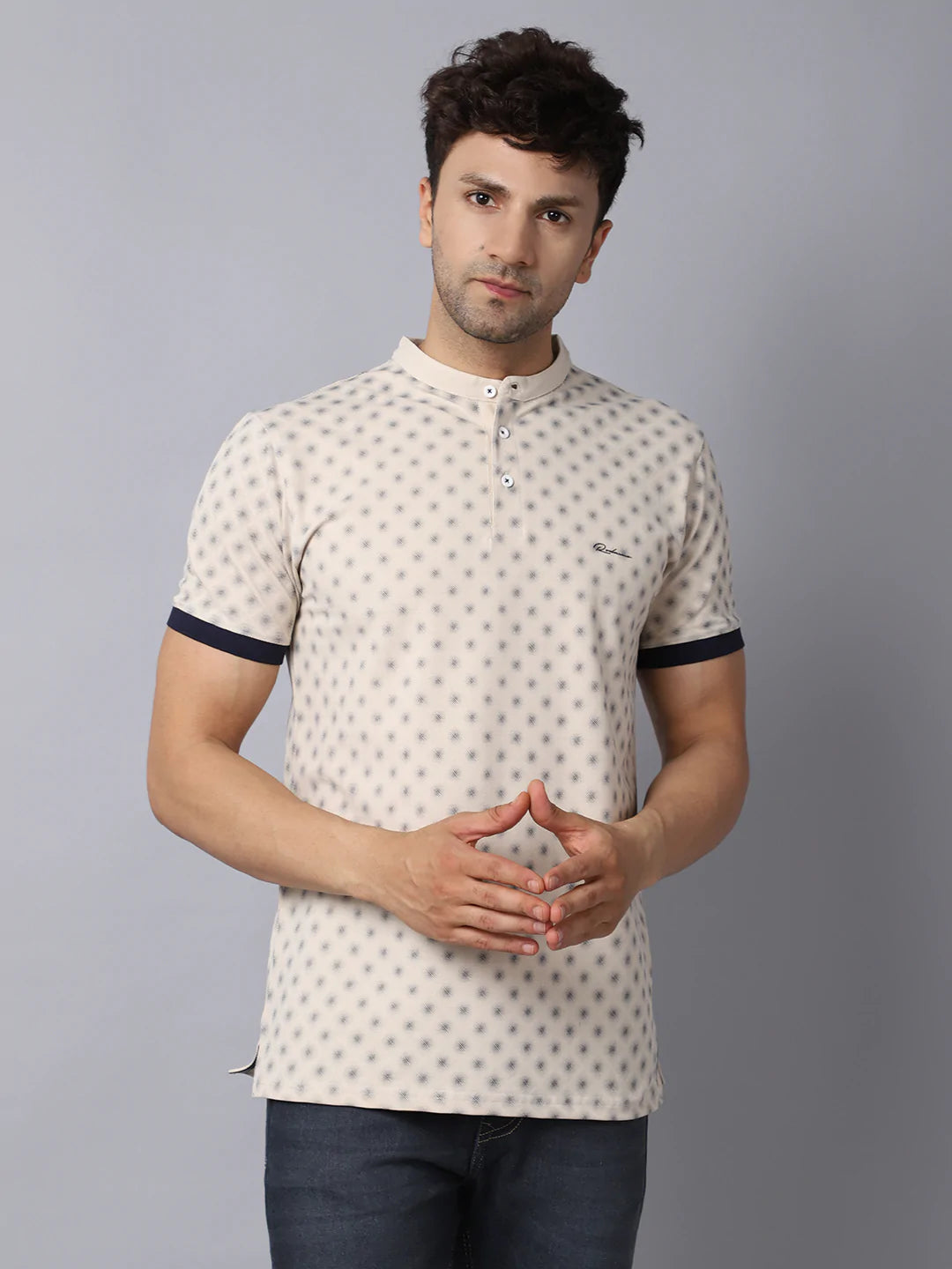 Men Beige Printed Mandarin Collar Slim Fit T-shirt