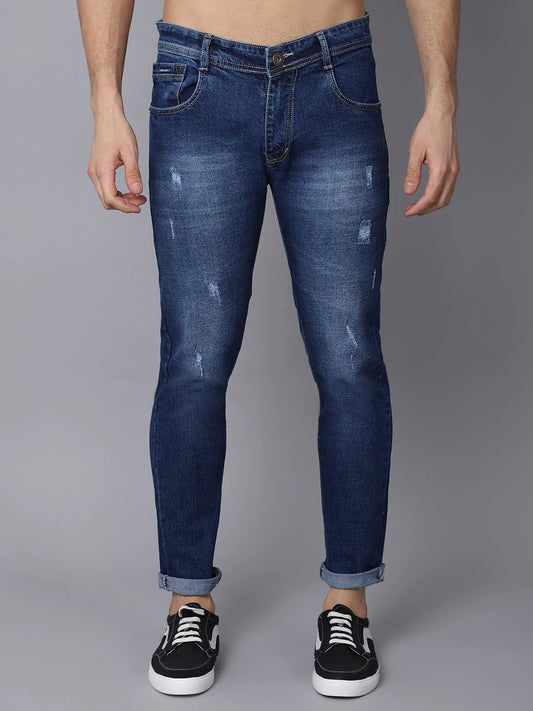 Men Blue Slim Fit Low Distress Heavy Fade Stretchable Jeans