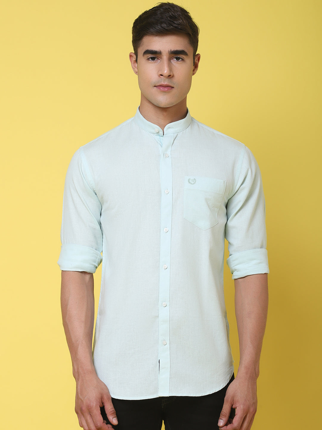 Band Collar Slim Fit Linen Shirt