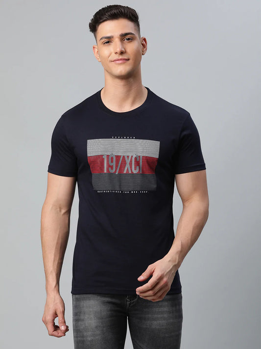 Men Navy Blue Typography Printed Slim Fit T-shirt