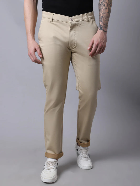 Men Beige Slim Fit Solid Chinos Trousers