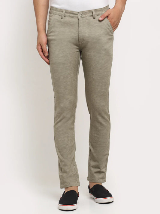 Men Khaki Textured Slim Fit Trousers