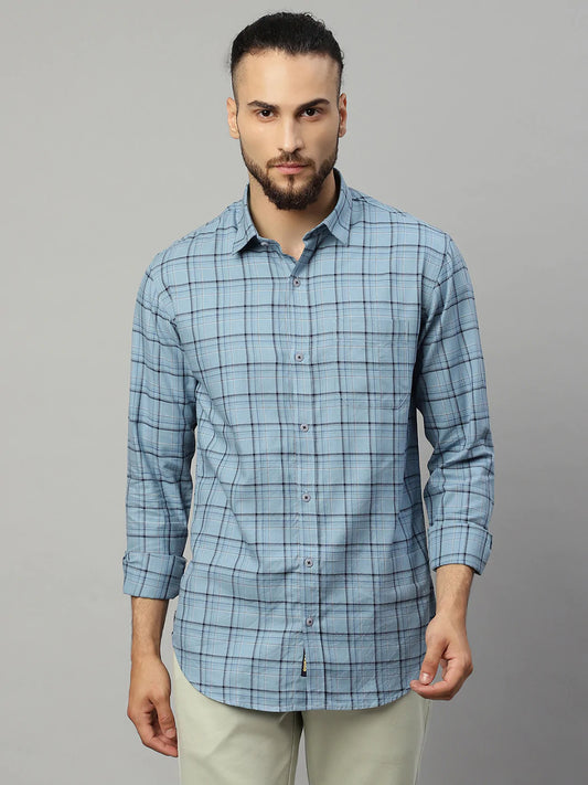 Men Blue Tartan Checked Slim Fit Casual Shirt