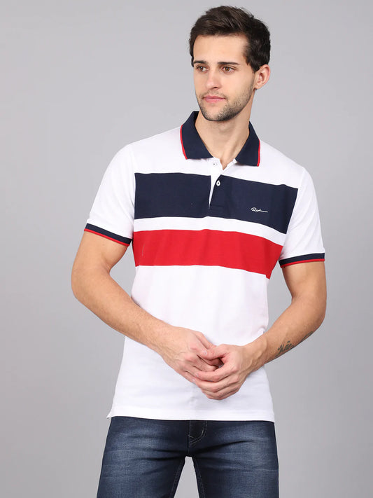 Men White  Navy Blue Striped Polo Collar Slim Fit T-shirt