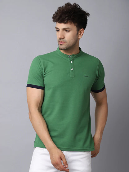 Men Green Mandarin Collar Slim Fit T-shirt