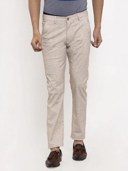 Men Khaki Slim Fit Solid Regular Trousers