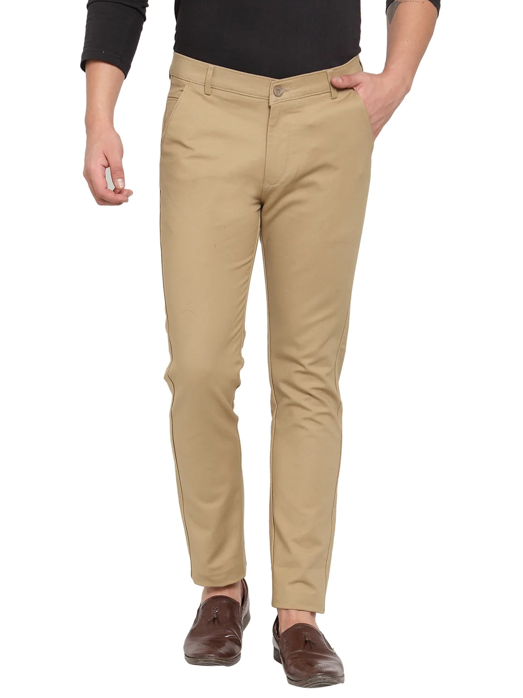 Men Khaki Slim Fit Solid Regular Trousers