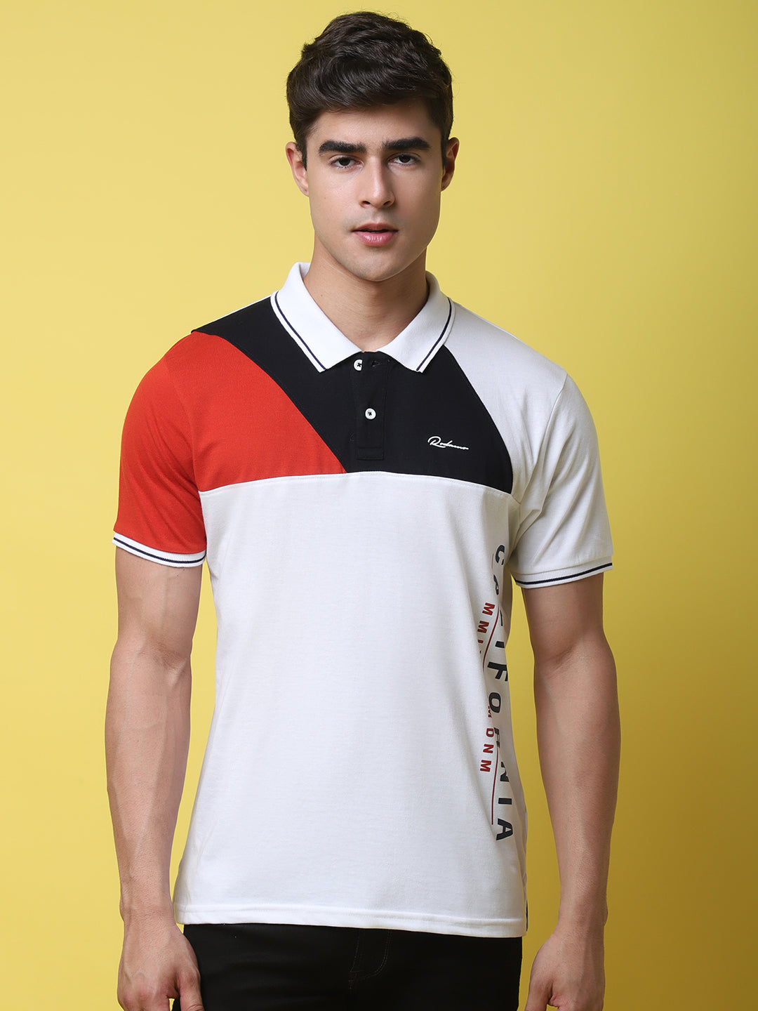 Colourblocked Polo Collar Slim Fit Cotton T-Shirt